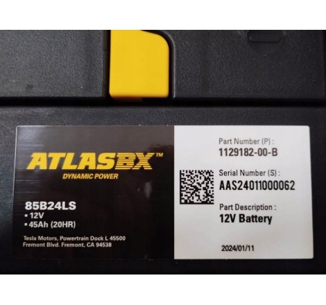 Аккумулятор ATLASBX 85B24LS 12v 45Ah 390A TESLA model 3 Y